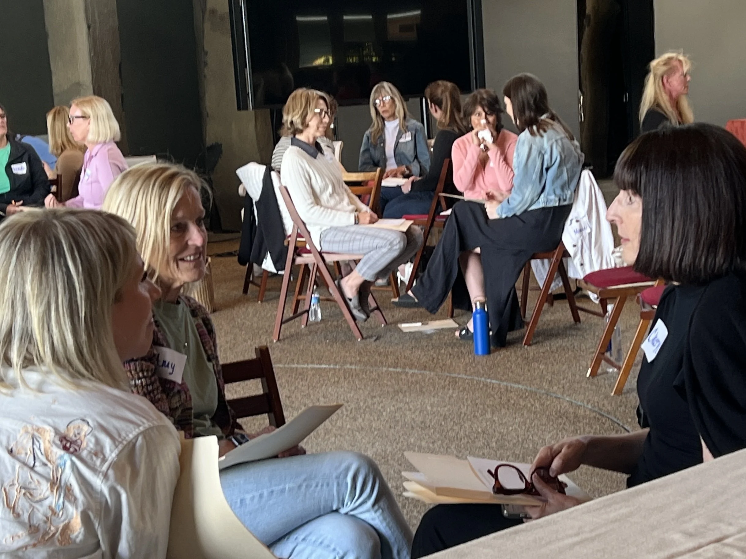 Group of women seated in a circle, engaging in a discussion or workshop, with some holding papers and notebooks in a conference or seminar room.