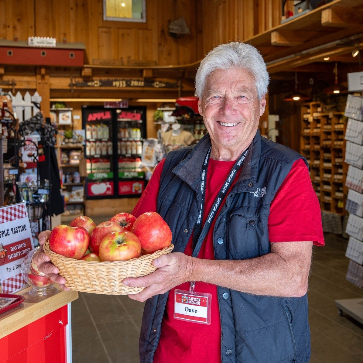We are open tomorrow! From 9 to 5.30 
This is Dave, and he is in charge of providing free samples of our crisp &amp; juicy Davison Honeycrisp Apples. 
Have you try one yet? They are truly delicious!🍎😋