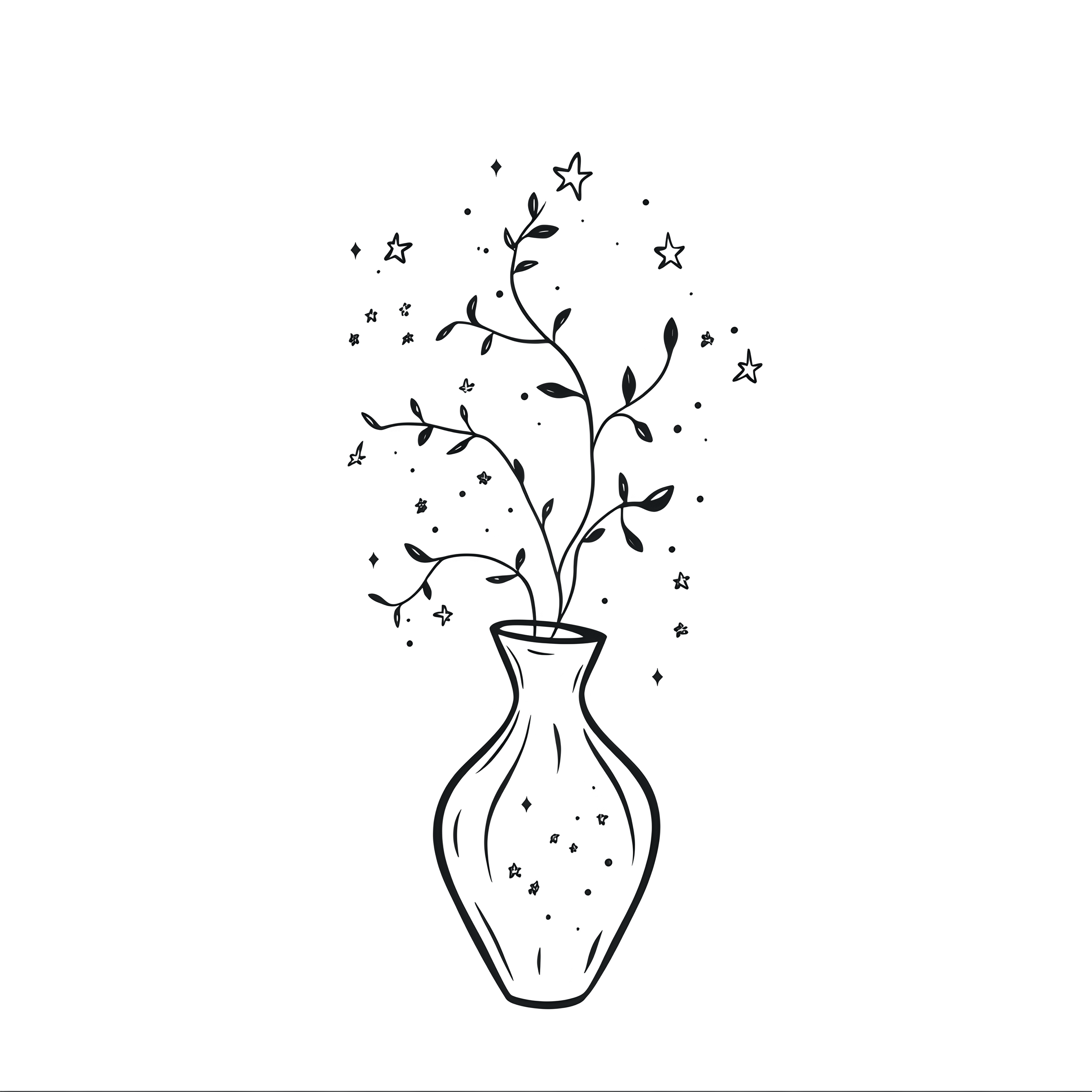 Outline drawing of a vase with a leafy plant and small flowers inside, with some flowers and leaves floating around.