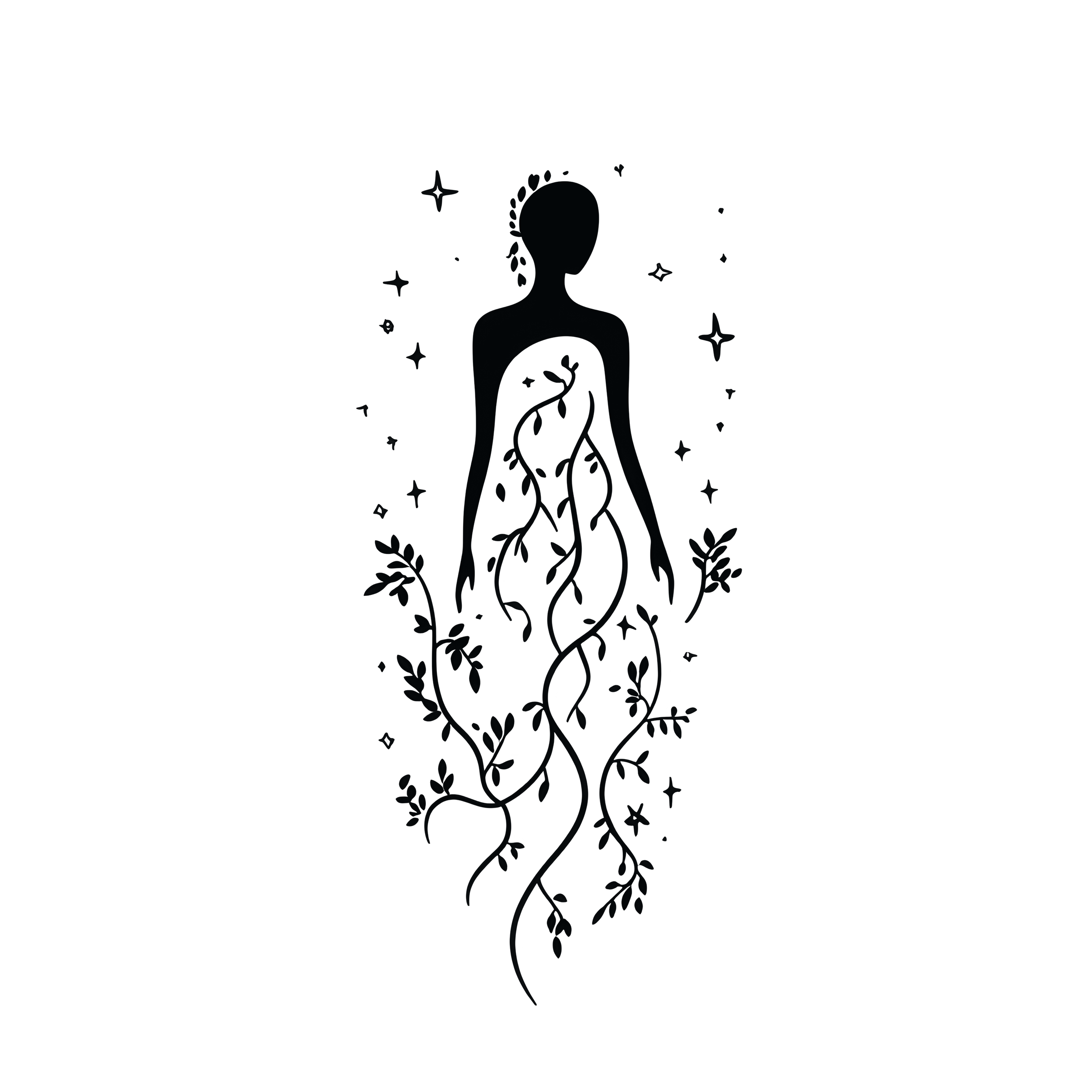 An illustration of a human figure with plant and star elements around and within the body, symbolizing nature and celestial connection.