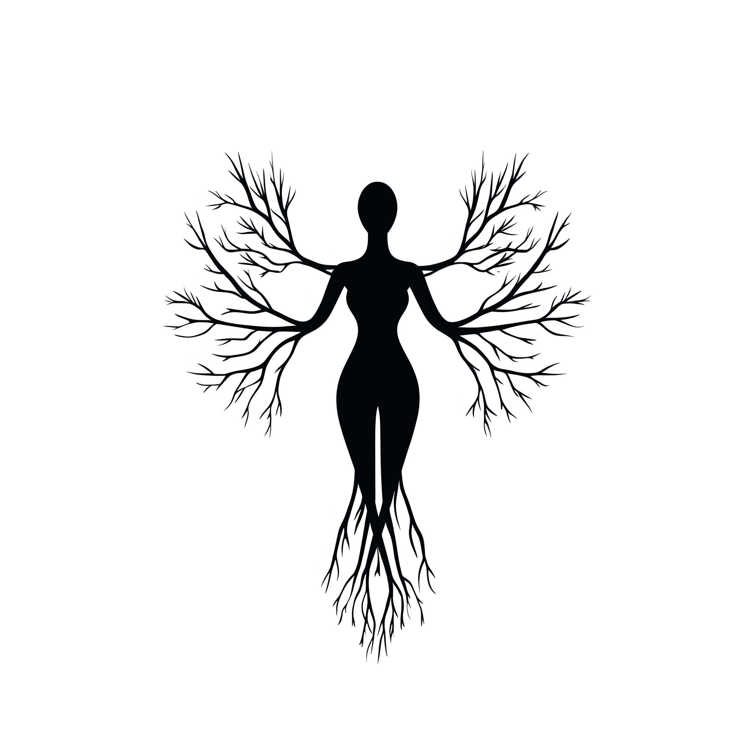 Silhouette of a female figure with trees branching from her arms and legs, symbolizing growth and connection to nature.