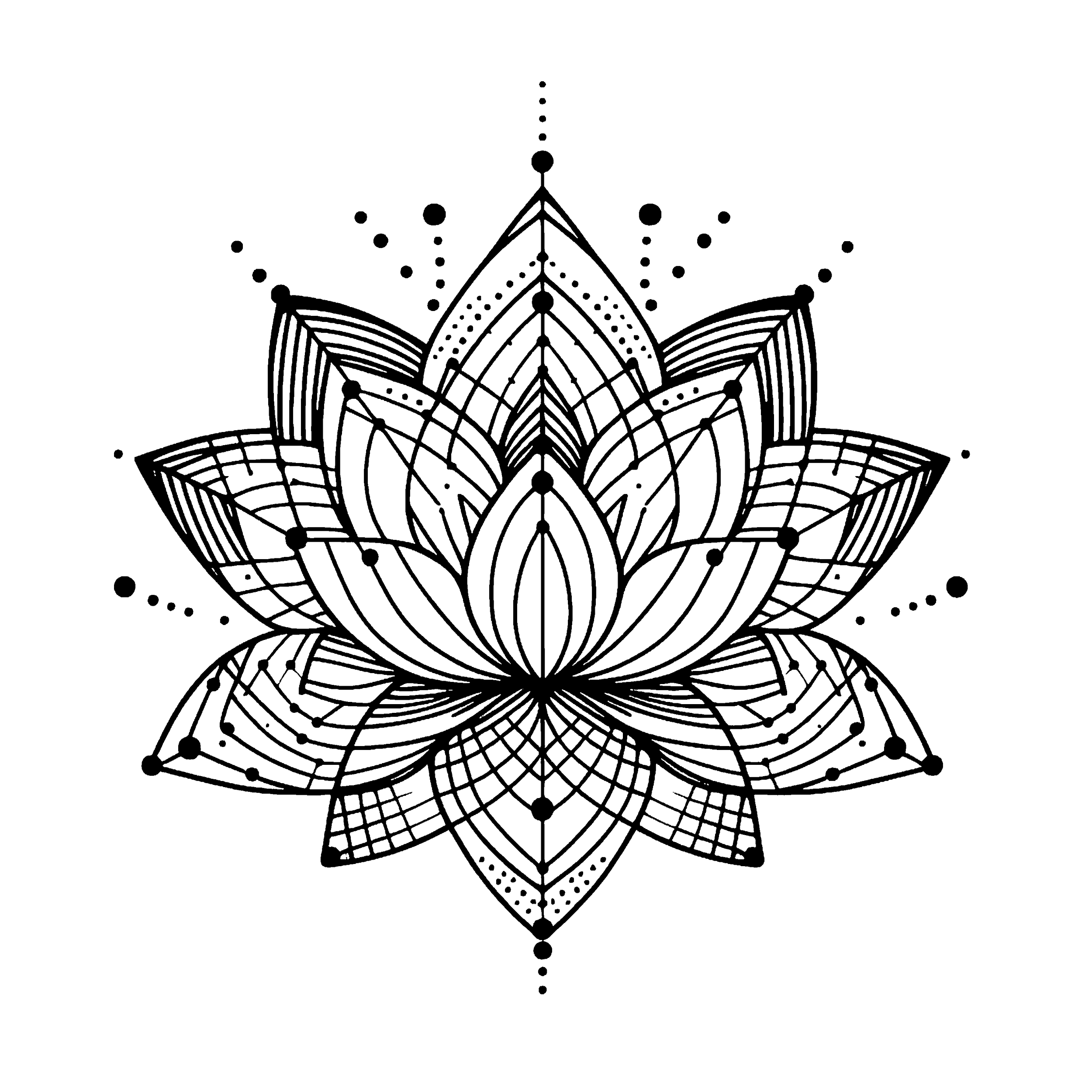 Intricate line art of a lotus flower with geometric and ornamental details, on a black background.