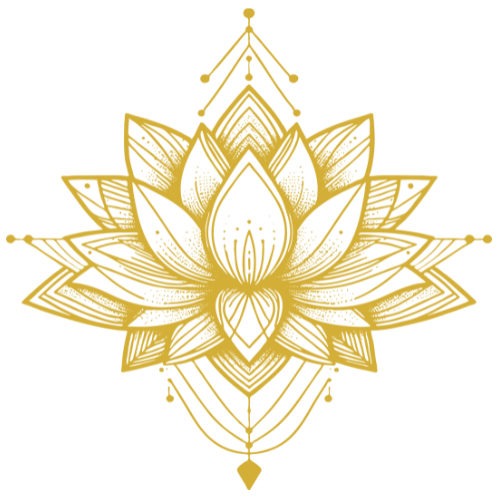 Gold mandala design with floral and geometric patterns on a black background.