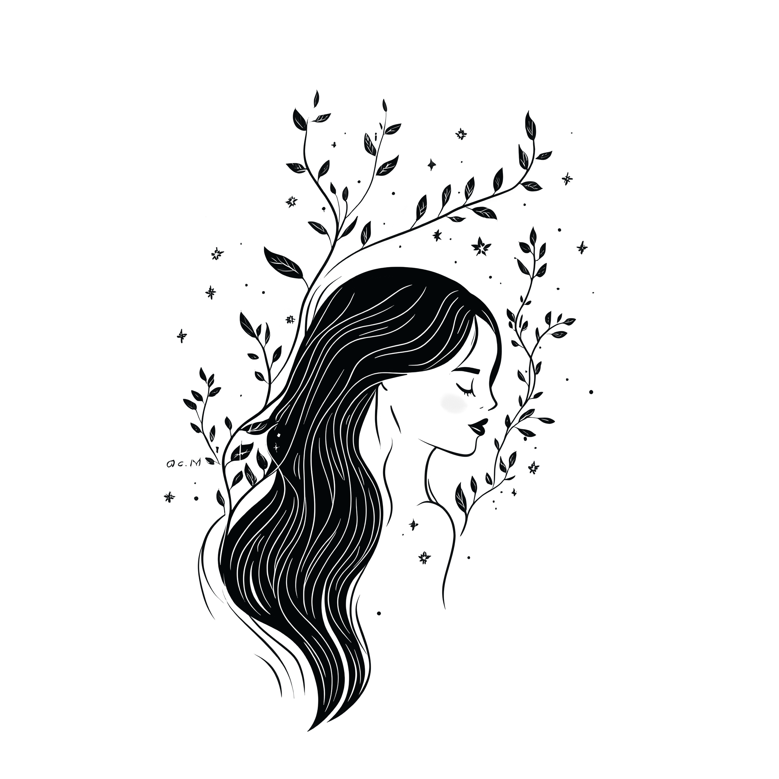 Silhouette of a woman's face with long flowing hair, surrounded by leaves and star-like shapes.