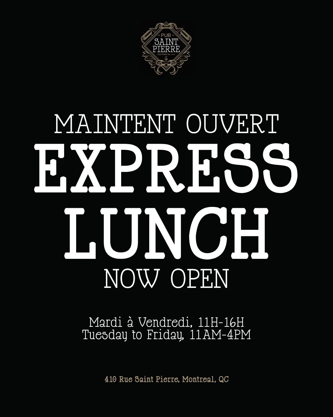 C&rsquo;est officiel: nous sommes maintenant ouverts pour le lunch!

Du mardi au vendredi, venez d&eacute;couvrir notre nouveau menu midi express &agrave; trois services, avec une s&eacute;lection qui change r&eacute;guli&egrave;rement. Rapide, d&eac