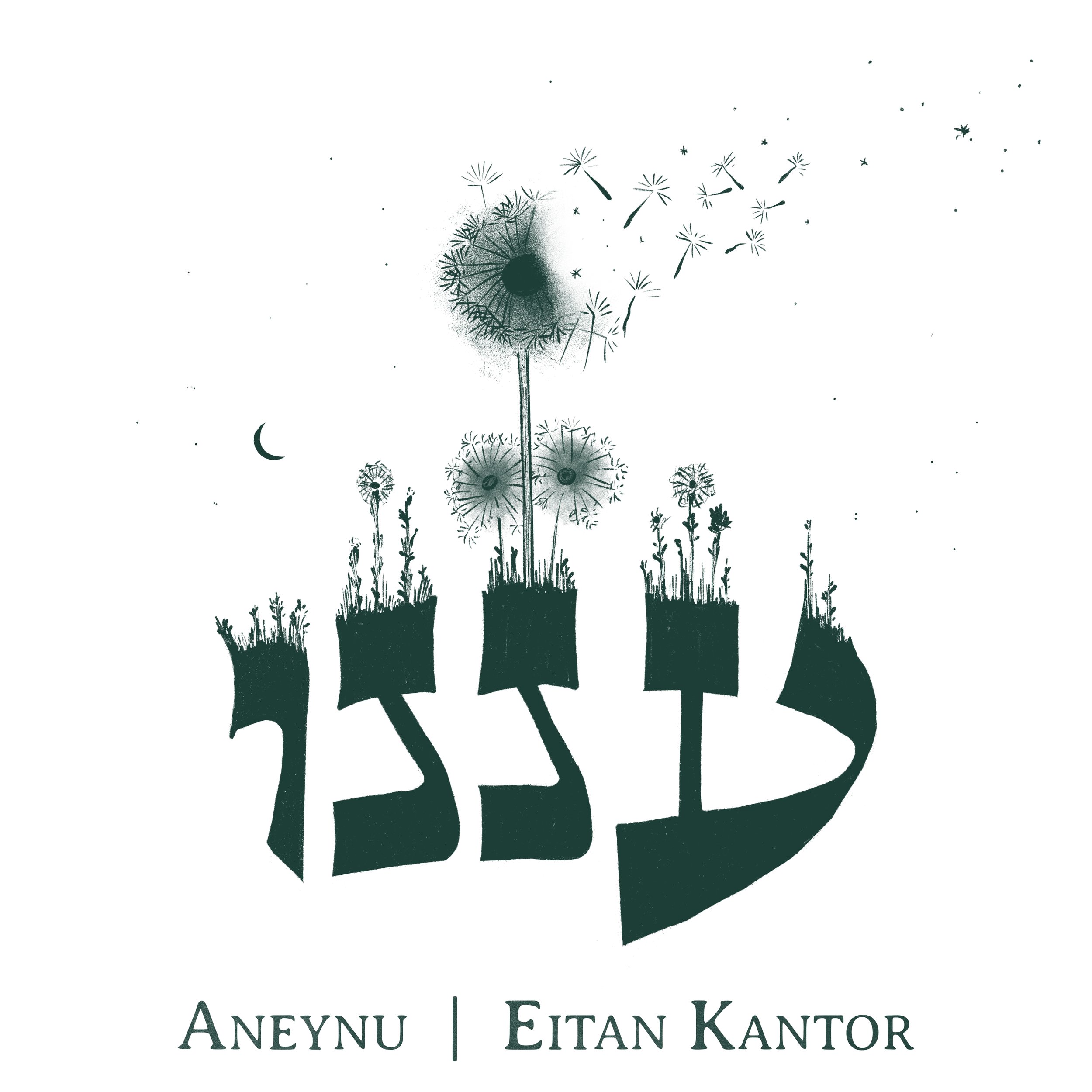 Hebrew word "Aneynu" which means "Answer Us" written in caligraphy, with dandelions sticking out from the top of the word. On the bottom, the word "Aneynu" written in English letters and the name Eitan Kantor