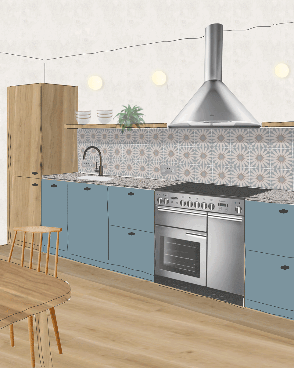 A playful sketch of a kitchen with oak and blue cabinetry and bold backsplash tiling