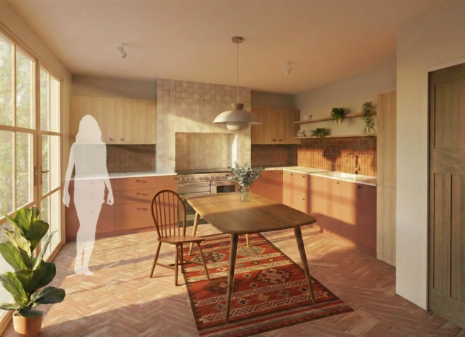 A 3D rendered view of a contemporary kitchen space in Knowle, Bristol by Studio Rey