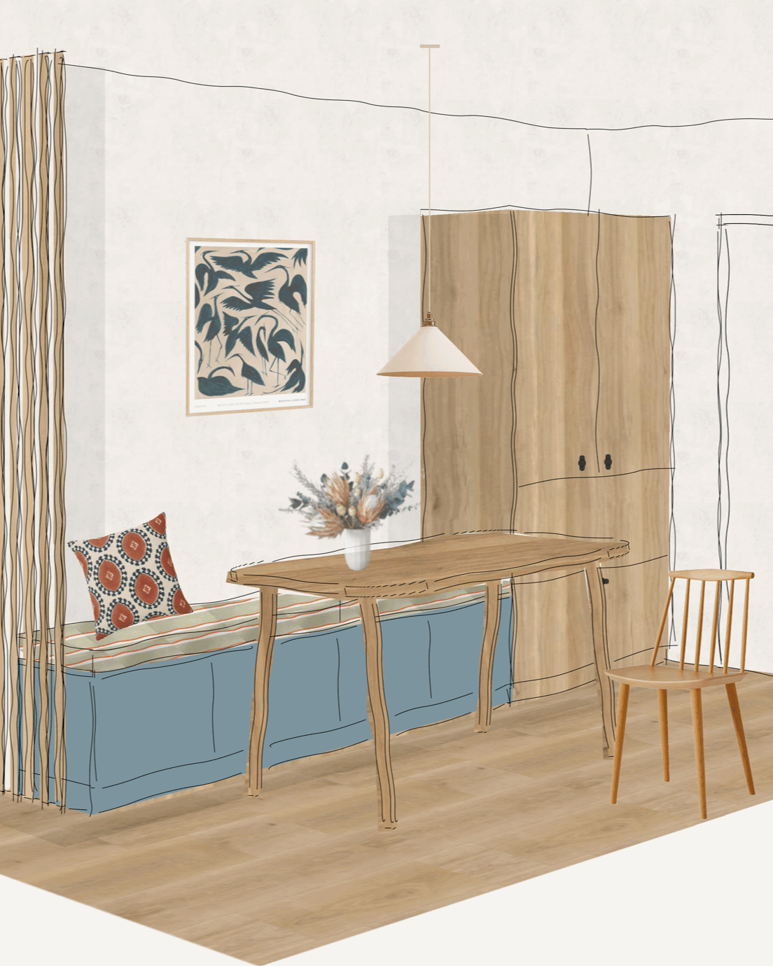 A playful sketch of a kitchen dining bench and pantry unit