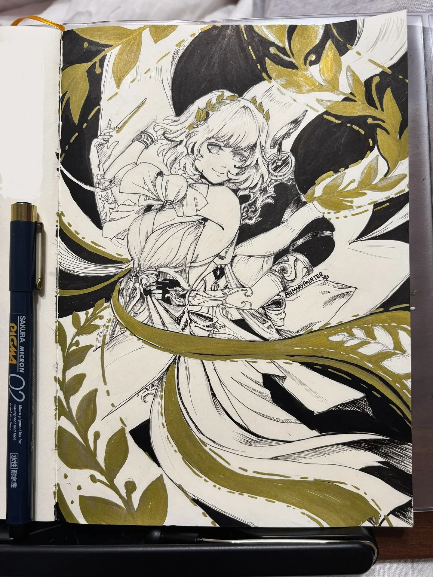 #inktober 2025 Day 2: Weave

An elegant seamstress and her trusted garmentmaker support 🪡🧵

Adding gold ink to Inktober? Well, the elements in this piece kept evolving as I went. Really happy with it! Adjusted her weapon to be a simple needle for c