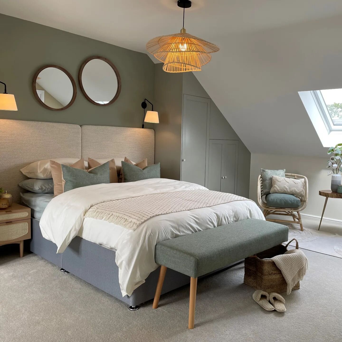 Sage green &amp; natural textures create a calm and serene space in this Master bedroom suite.
#interiors #interiordesign #interiorstyling #masterbedroomdesign #masterbedroom #bedroomdecor #bedroominspo #homeinspo #homedecor #newhome #showhome