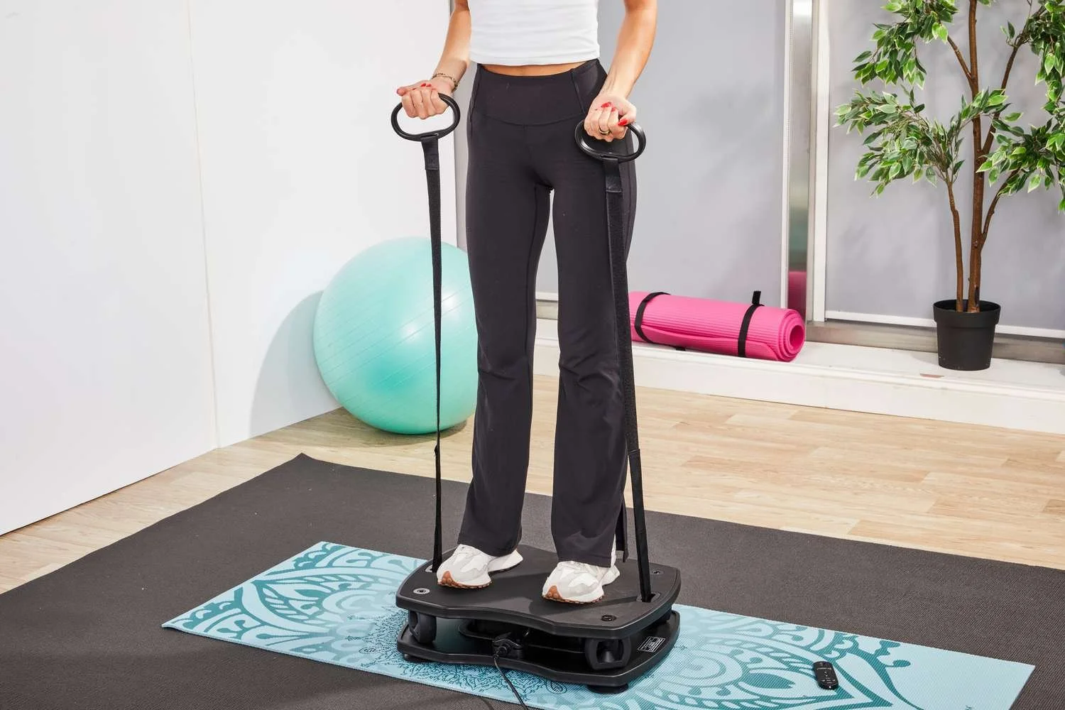 A person standing on a vibrating plate, holding two handles attached to resistance bands, in a fitness room with a green exercise ball, pink foam roller, potted plant, and a remote control on the floor.