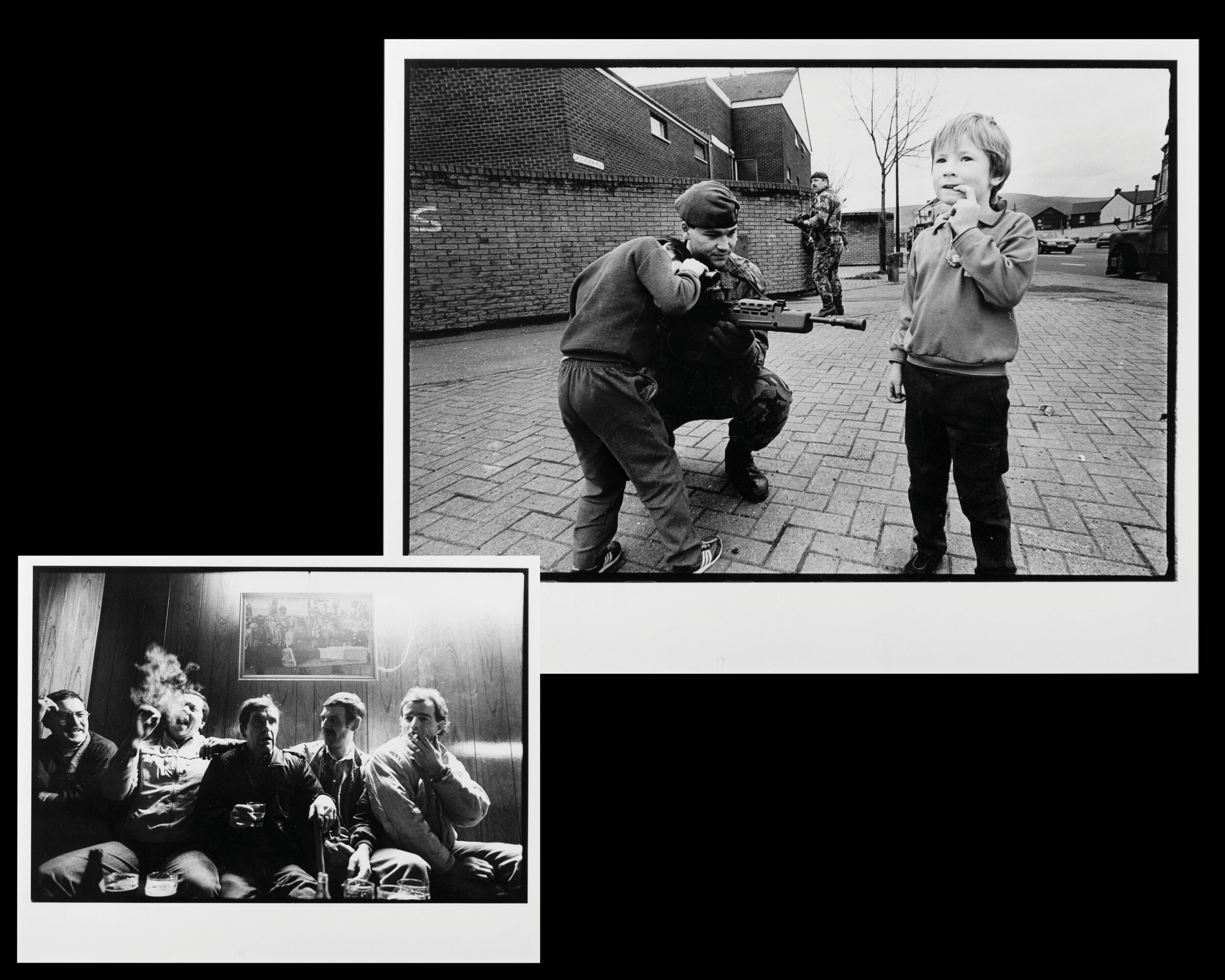  (L) Bar patrons enjoy a drink and a smoke at the Felon's Club, an IRA owned bar for members and ex-prisoners in North Belfast, Northern Ireland. 1988 (R)  A young Catholic boy looks through the rangefinder of a British soldier's gun in Belfast, Nort