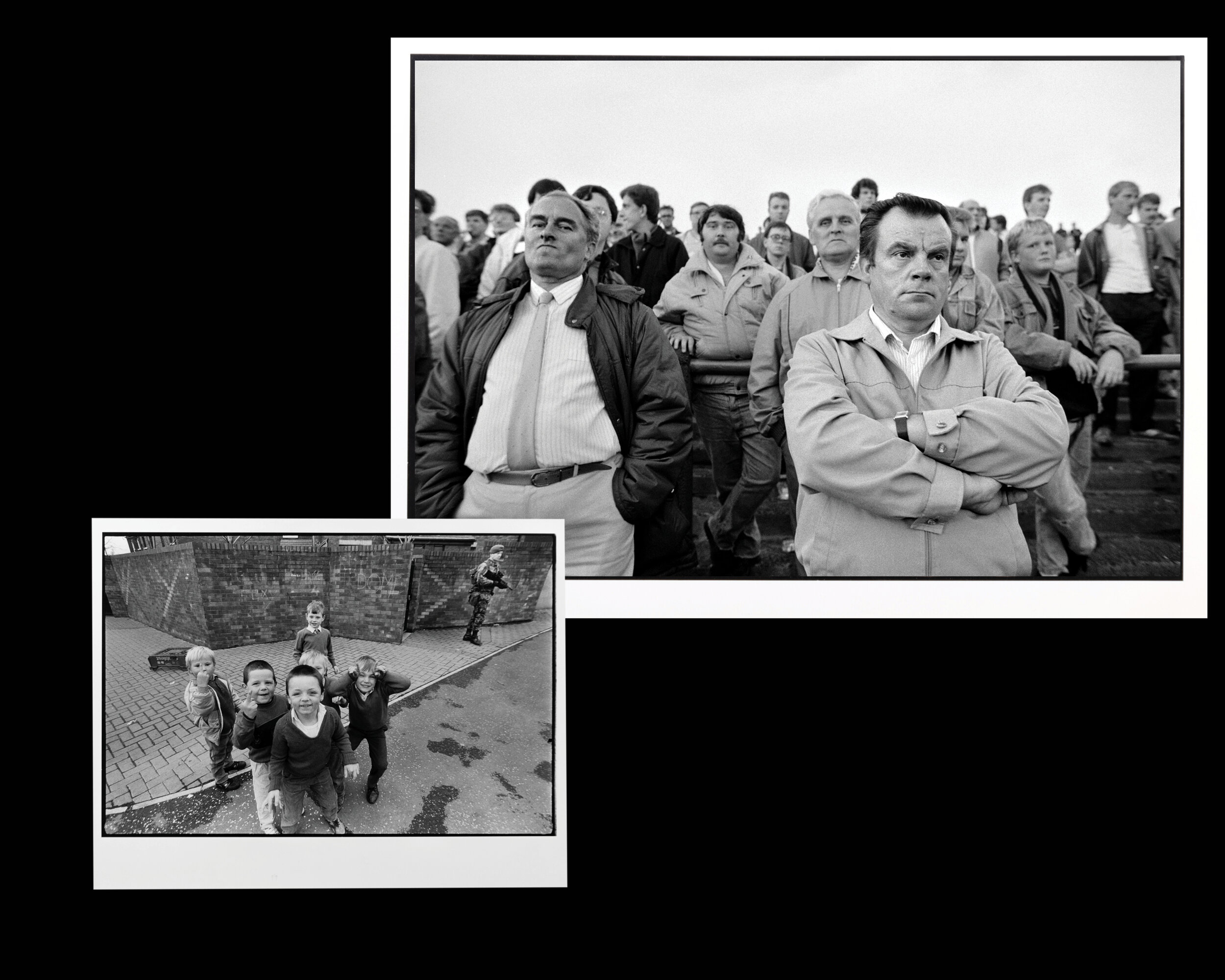  (L) Catholic boys play while a British soldier stands in the background in Belfast, Northern Ireland. 1988 (R) Spectators at a soccer game in Belfast, Northern Ireland. 1989 