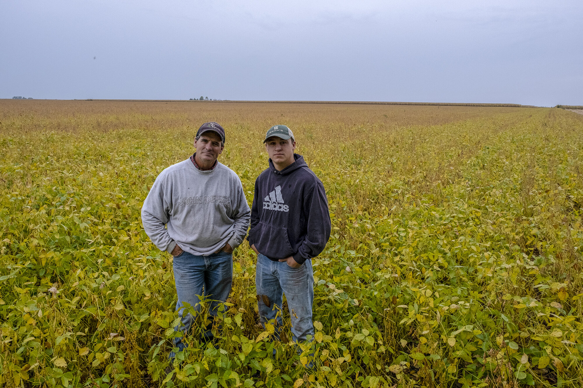  Lindsay Greiner, a corn, soybean and pig farmer, and his son Keaton in Keota, Iowa 