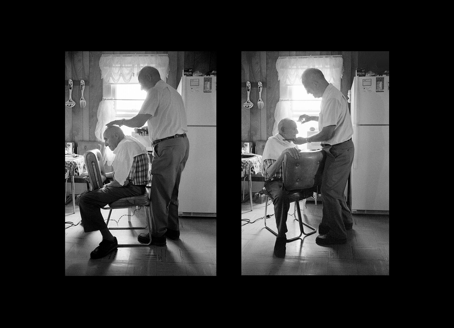  Warren Dewitt gives Arden Peters a haircut in the kitchen of the Peters farmhouse in Gladesville, West Virginia. 2000 