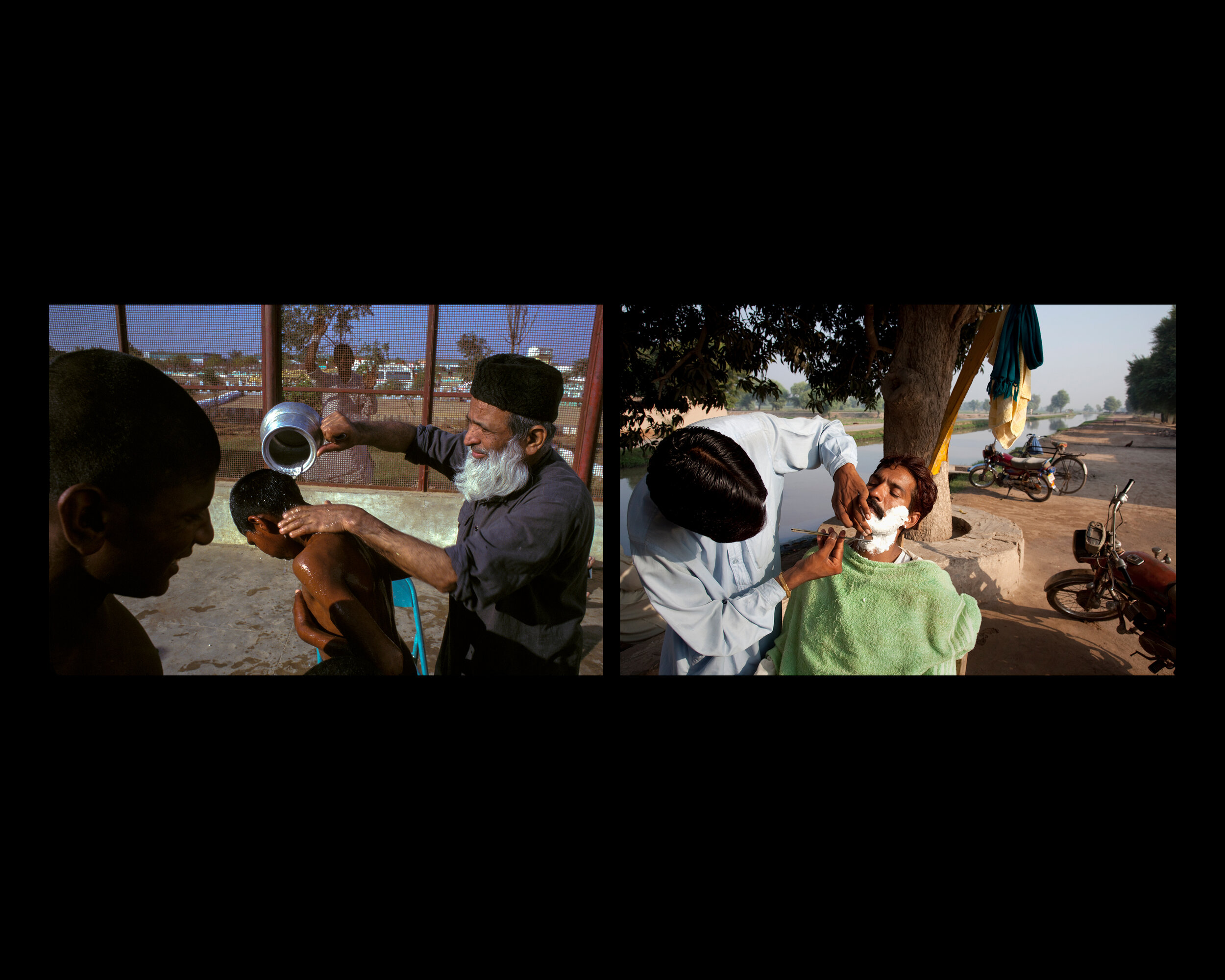  (L) Abdul Saddar Edhi at an orphanage in Karachi bathes kids with sulphur, camphor and neem. Pakistan. 1998   (R) A local barber in a village near Multan and the Wali Muhammad Canal Headworks. Punjab, Pakistan. 2009    