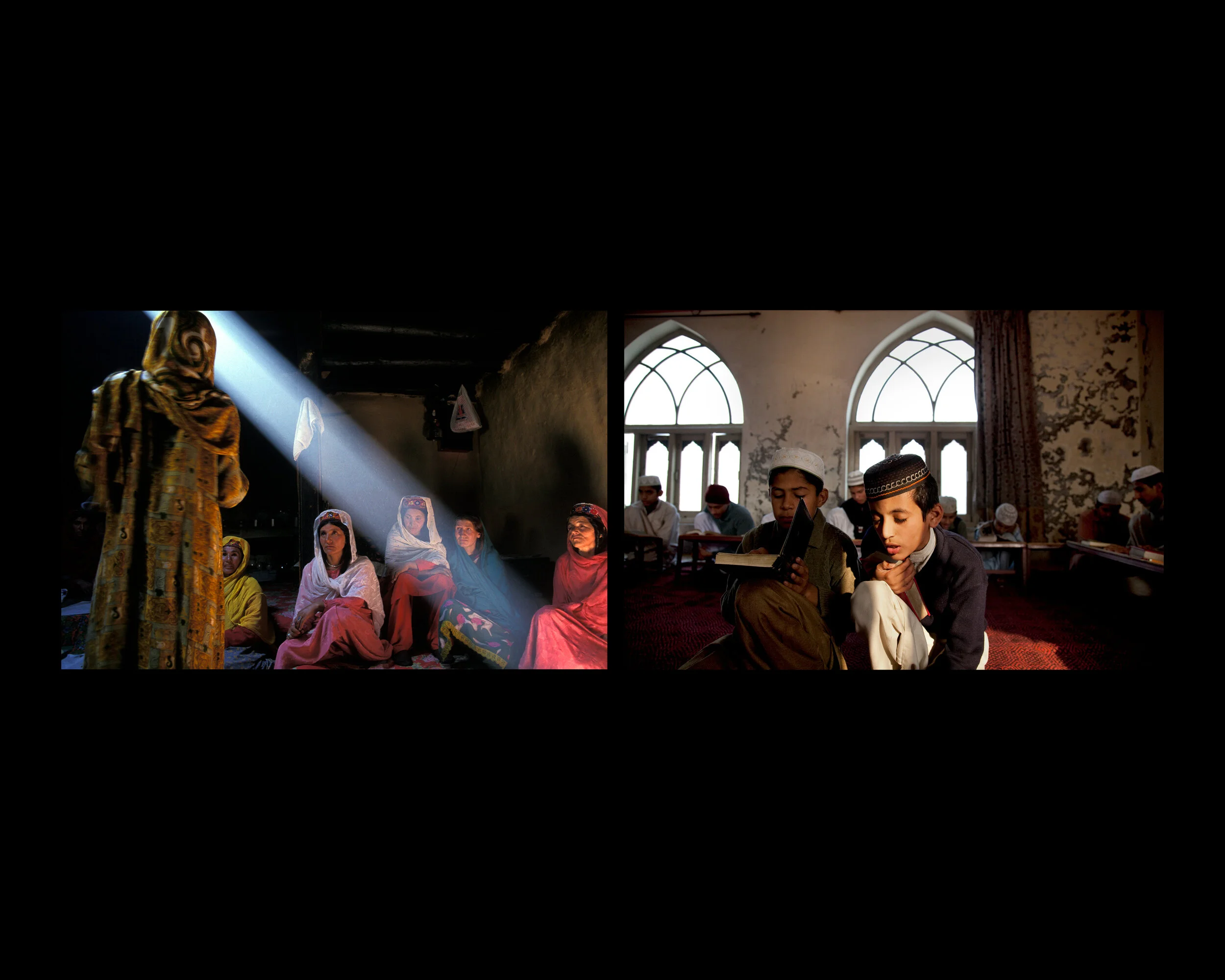 (L) Women from the Women's Cooperative, started in 1984 to discuss local news and invest in village agricultural projects organize and develop businesses and take control of their assets. Hunza, Pakistan. 1998 (R) Young men study the Qu'ran at the