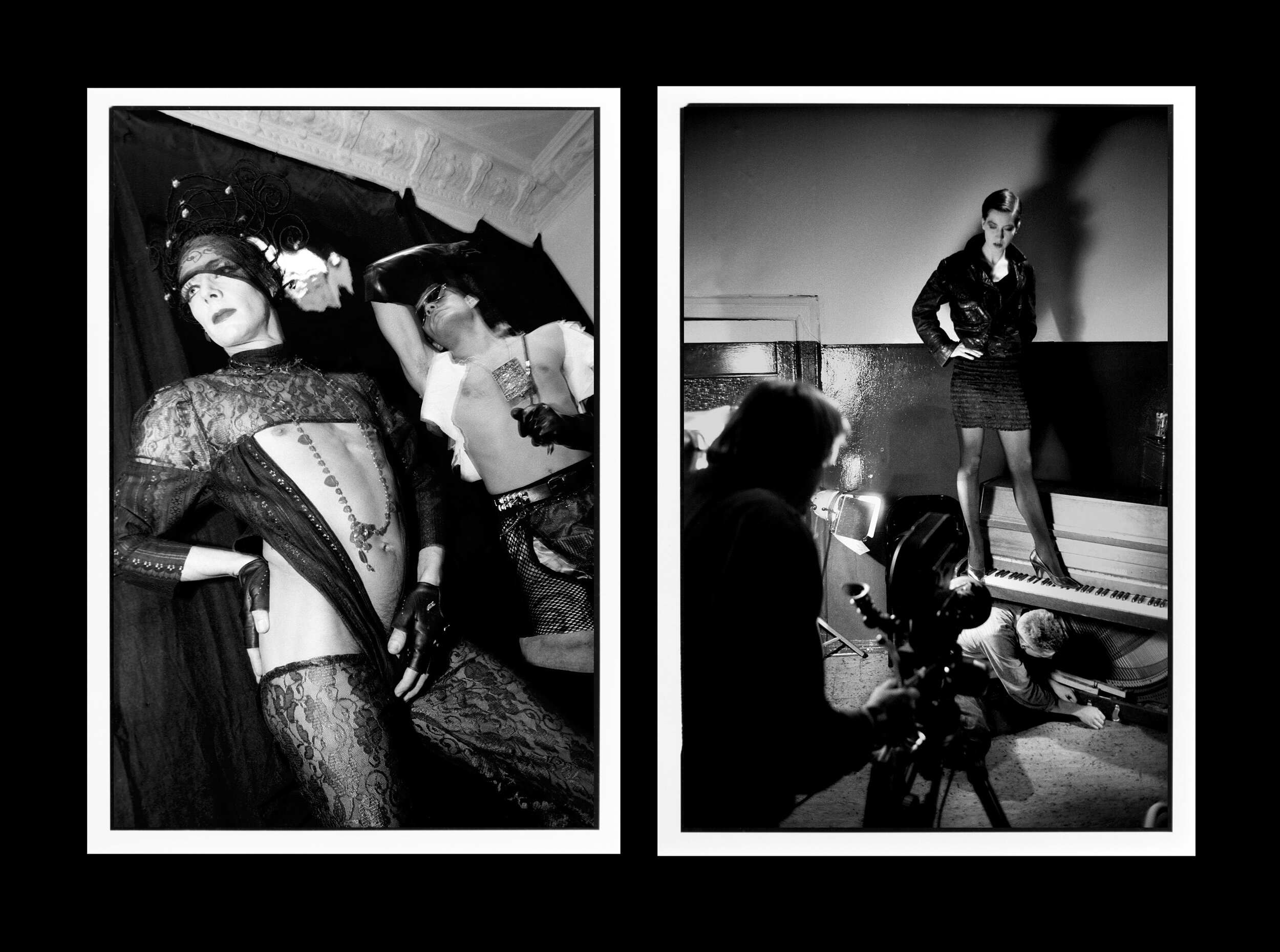  (L) Underground queer fashion show hosted by designer/performer Bev Stroganoff at the Loulou Lasard gallery in East Berlin.   (R) Behind the scenes of a promotional film to entice Westerners to come to The Sophien Club, a new hip club in Berlin's ea