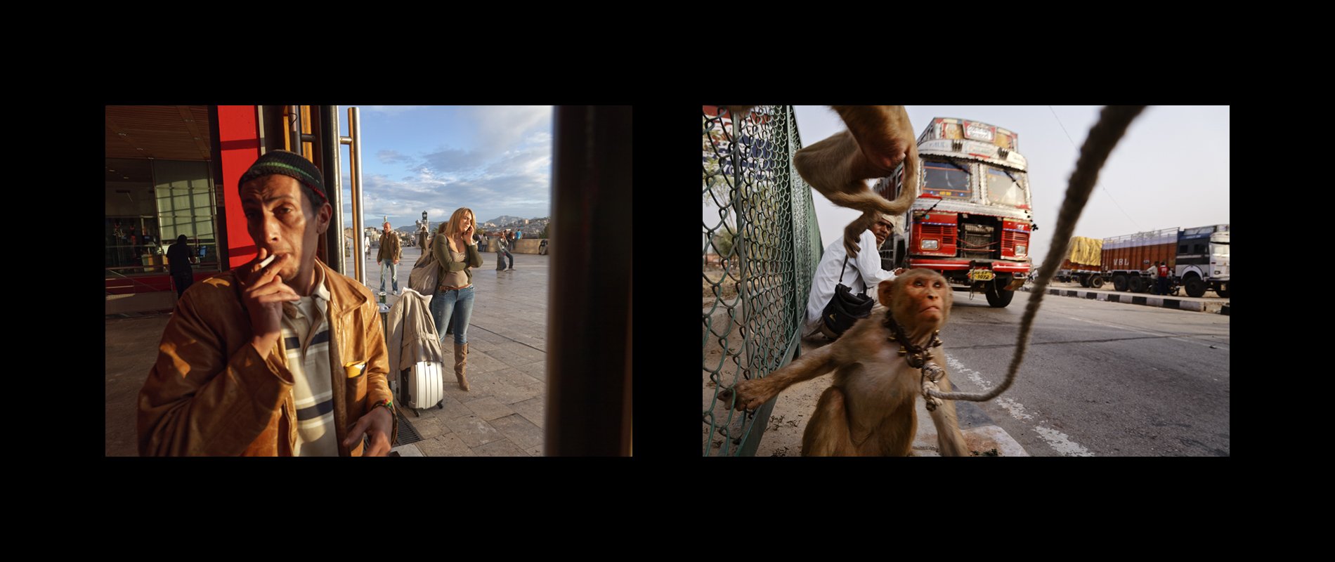   Marseille, France, 2010     A man smokes at a train station in Marseille.    Uttar Pradesh, India, 2007       Monkeys are paraded around for entertainment at a congested border toll plaza.    