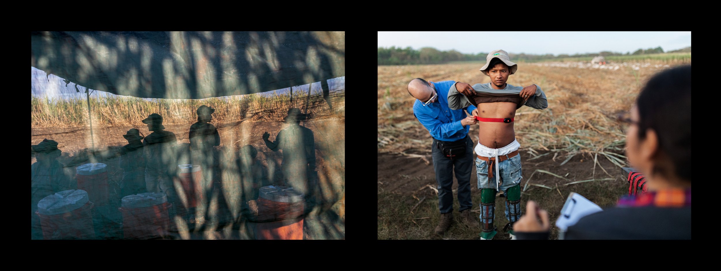  (left) Sugar cane cutters take a rest break in the shade as part of the Adelante Initiative, at the Ingenio San Antonio (San Antonio Sugar Mill), in Chichigalpa, Nicaragua on Feb. 24, 2020.    (right) Sugar cane cutters are outfitted with heart rate