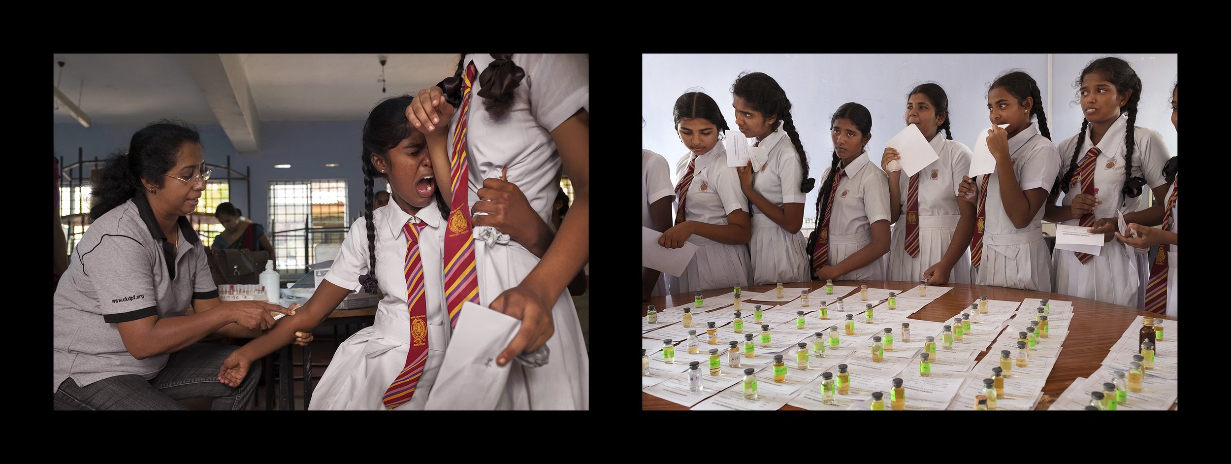  (left, right) Students are tested for CKDnT at their rural secondary school in Rajanganaya, Sri Lanka on June 28, 2016. With the support of the government, a local CKDnT organization performs a mass blood screening of 342 students. This area in the 