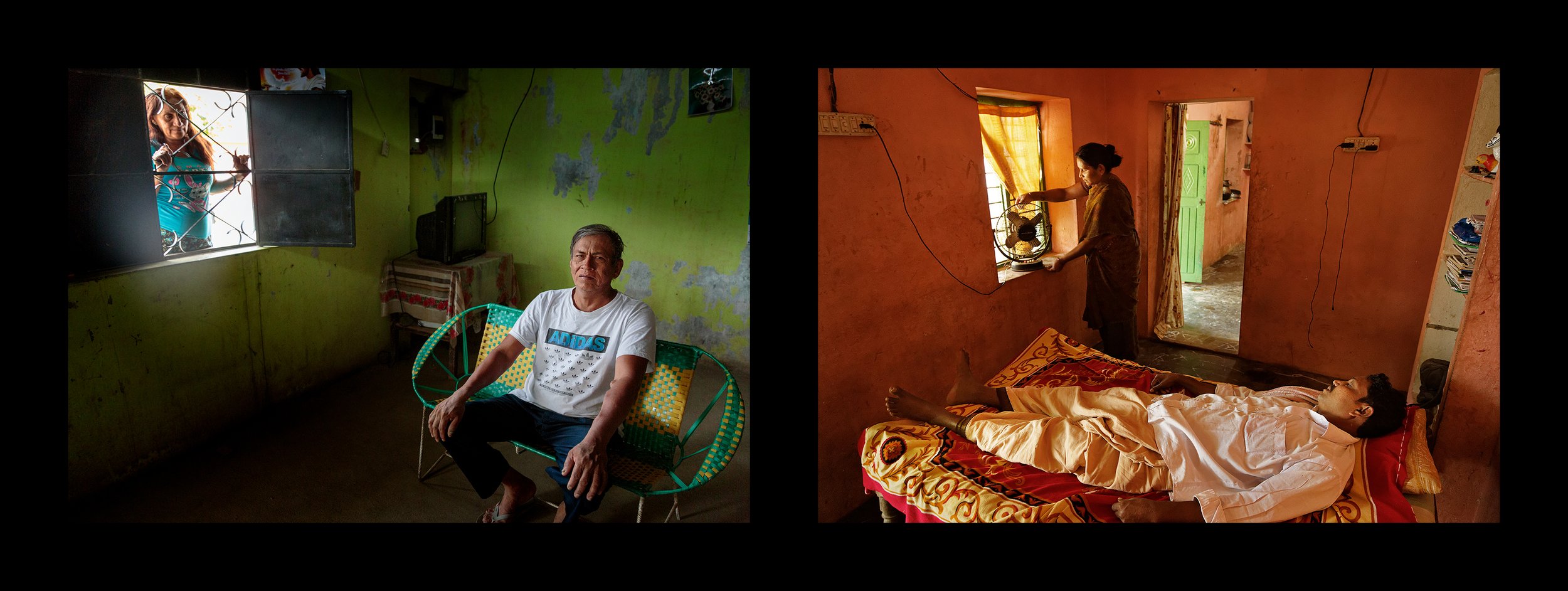  (left) Don Raphael Diaz, 53, at home in Sullana, Peru on Feb. 15, 2018. He has spent 3 days a week on dialysis for the past 5 years.   (right) Ventkataiah, a CKDnT patient, rests at home in the village of Kota, outside of Nellore, India on Jan. 13, 