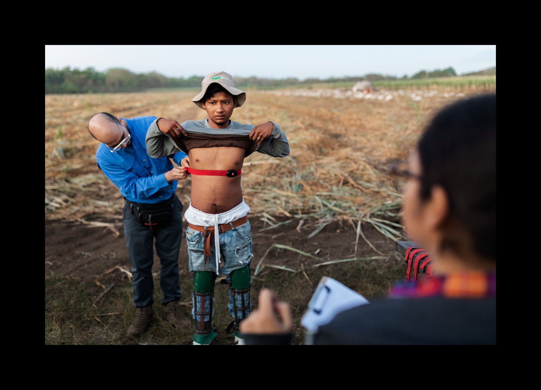   Sugar cane cutters are outfitted with heart rate monitors on their chests, as part of the Adelante Initiative, at the Ingenio San Antonio (San Antonio Sugar Mill), in Chichigalpa, Nicaragua on Feb. 25, 2020.  