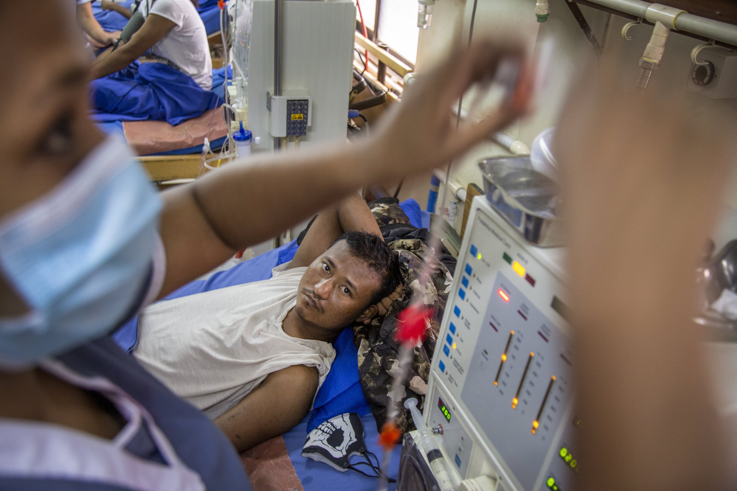  Surendra Tamang receiving his thrice-weekly dialysis treatments in Kathmandu, Nepal. 