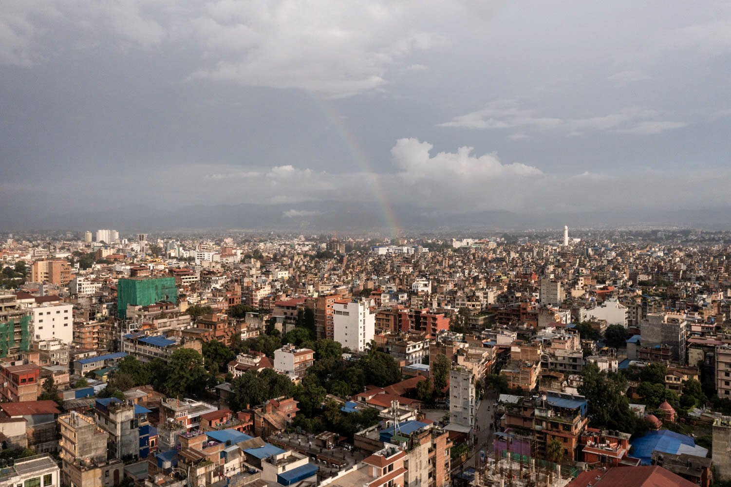  Aerial view of a rainbow in Kathmandu, Nepal on July 3, 2022. 