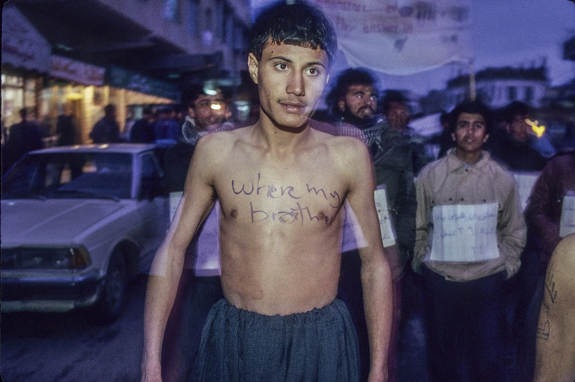 100 Kurds from all over Iraqi Kurdistan, protest outside the U.N. headquarters in Dohuk, Iraq 1991. They felt that the U.N. was not protecting them from Sadam Hussein's forces.