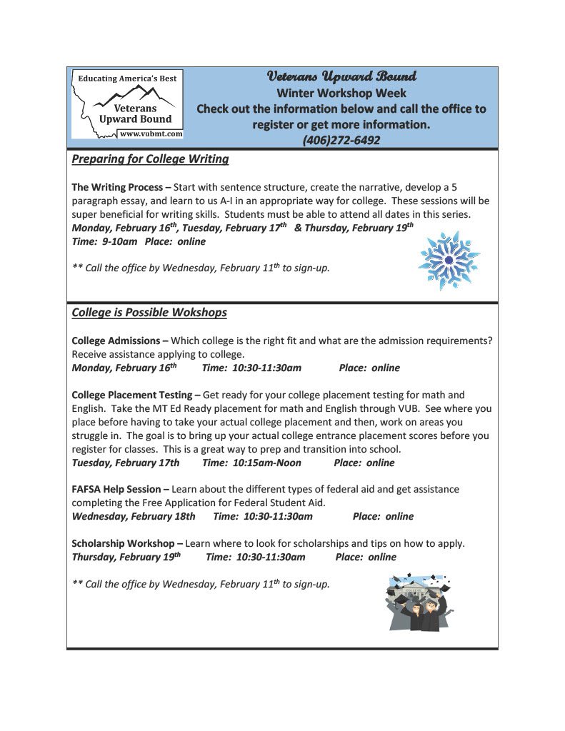 Veterans Upward Bound Winter Workshops