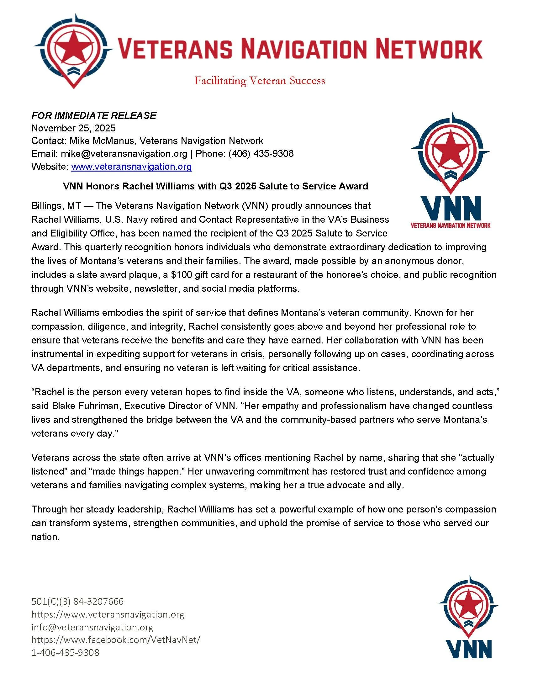 Rachel Williams Q3 2025 Award Winner