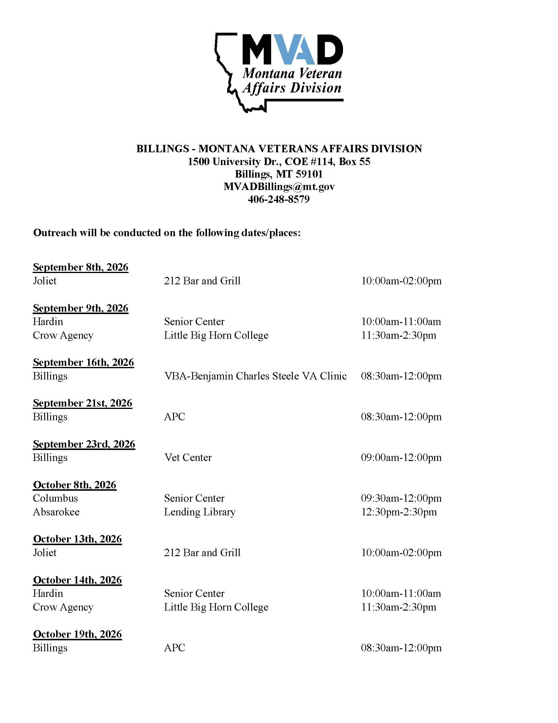 MVAD Outreach Schedule for September 2026 - December 2026