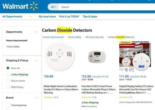 Carbon monoxide = CO (houses don't need CO2 detectors)
