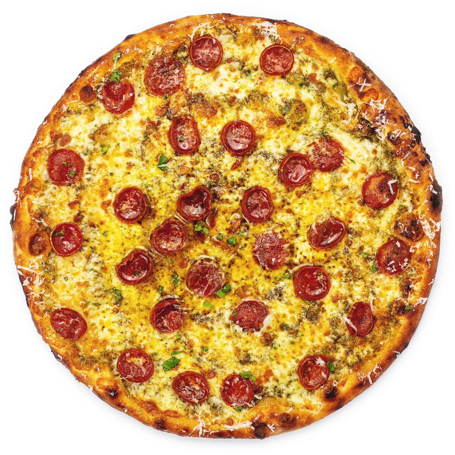 Pizza with pepperoni, cheese, and parsley