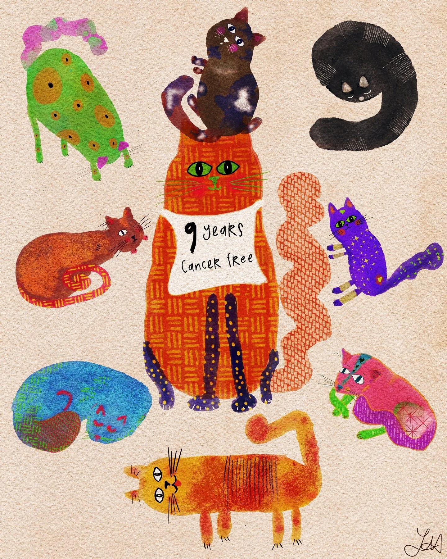 Today is the 9 year anniversary of my colon cancer surgery, so I drew 9 blob cats. Today is also the day (in 2026 in just an hour!) :-) where I'm going to the gastroenterologist to make an appointment for my colonoscopy later in the year. I've had 7 