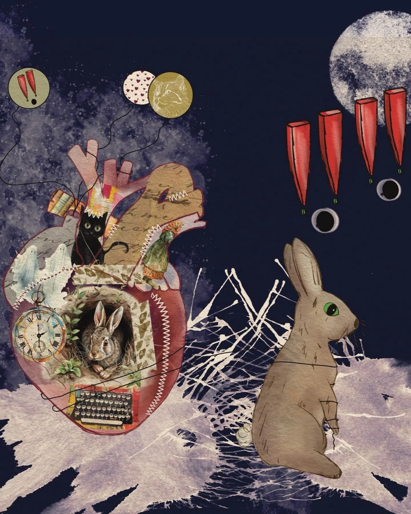 I&rsquo;m getting an echocardiogram on Wednesday and so I made this mixed media piece. I drew a watercolor heart and then added collage elements and then drew Bunny pulling her heart behind her. Her grief balloons are coming out of the heart and her 