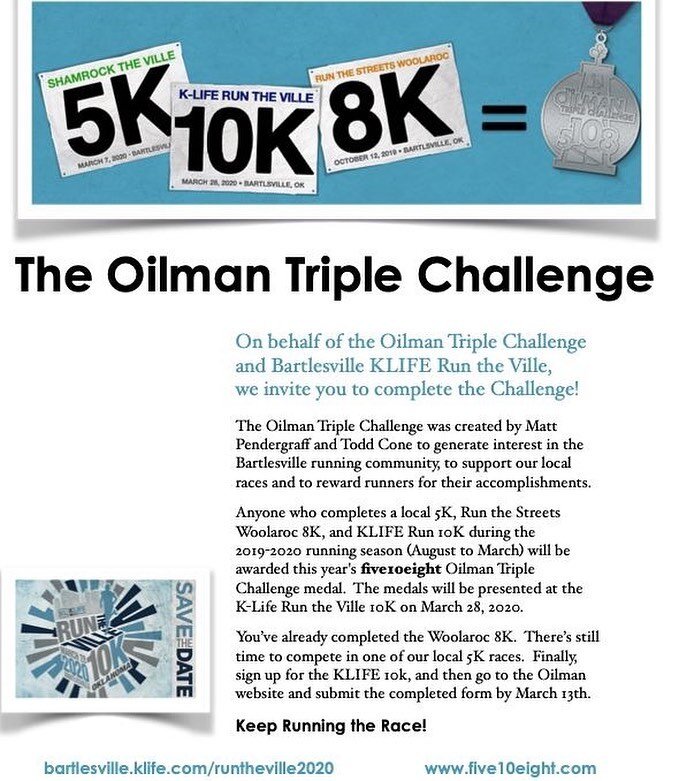 Did you know that if you ran Woolaroc last October and a local 5k you could be eligible to complete the Oilman Triple Challenge by running the K-Life 10k in March? #rts #running #oilman