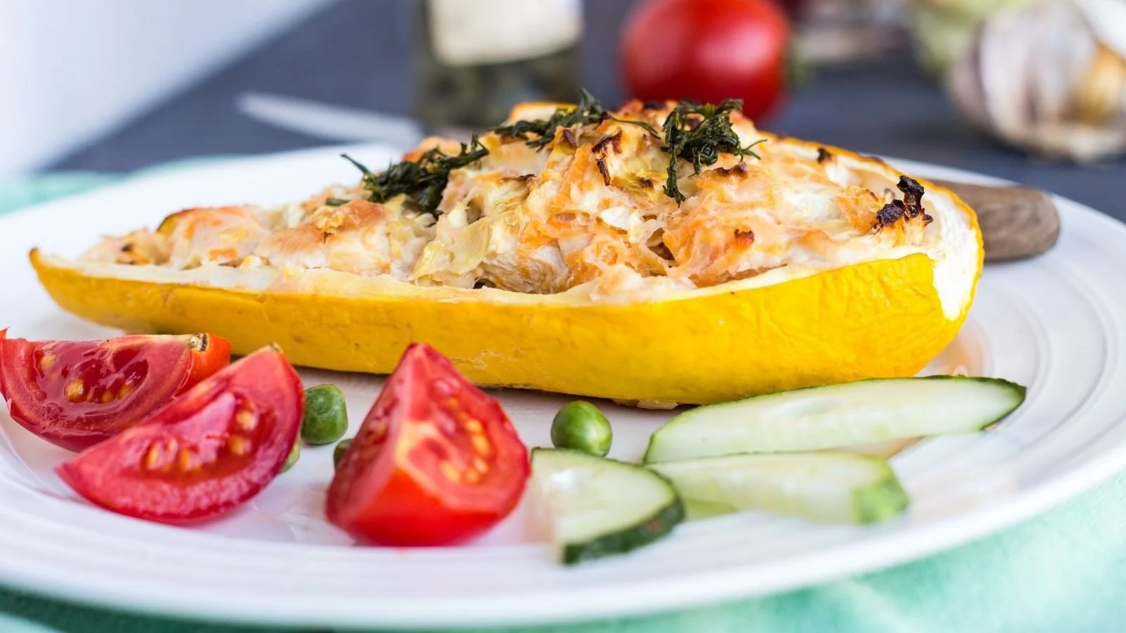 Cheesy Crockpot Shredded Chicken + Rice Squash Boats