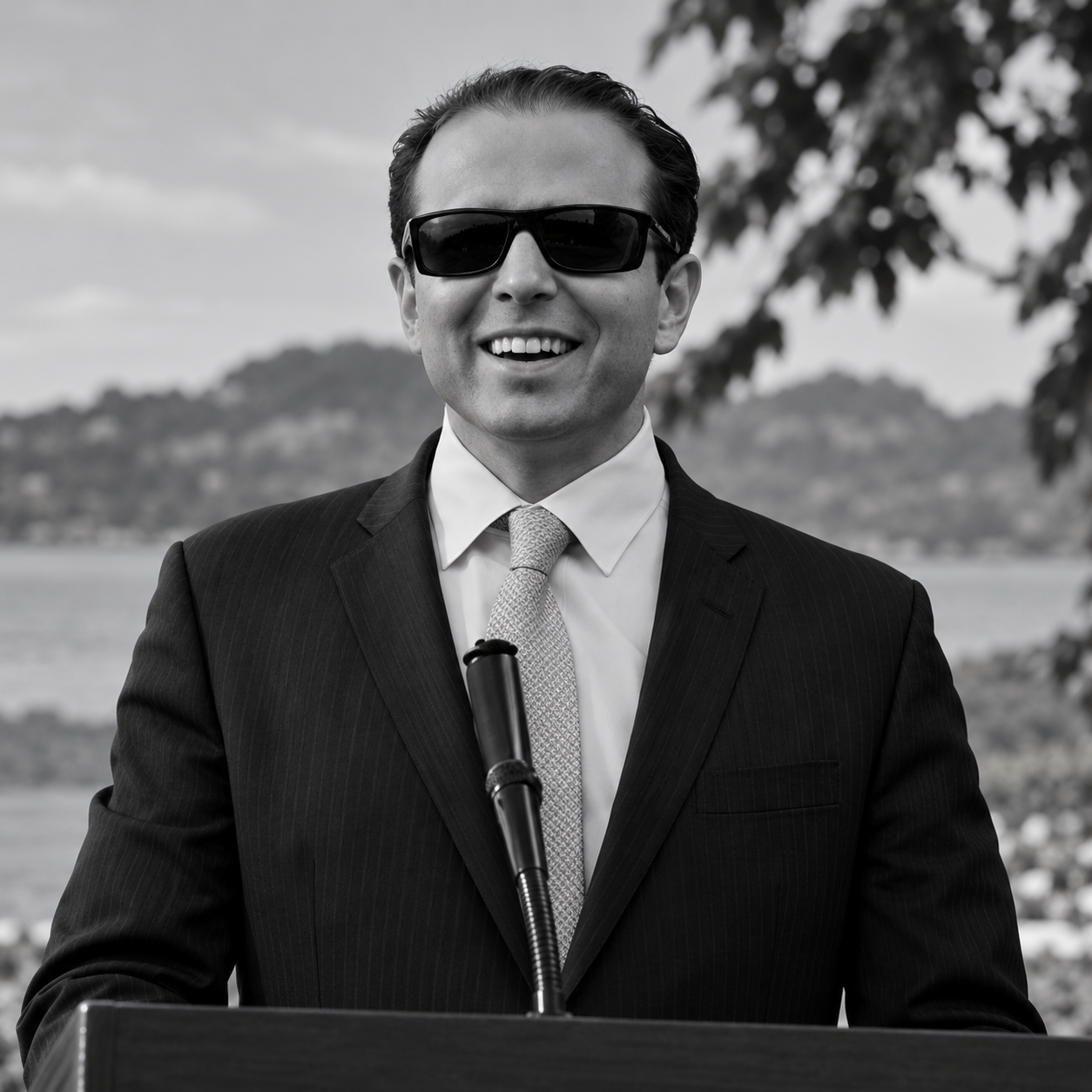 Man wearing sunglasses speaking at outdoor event.png