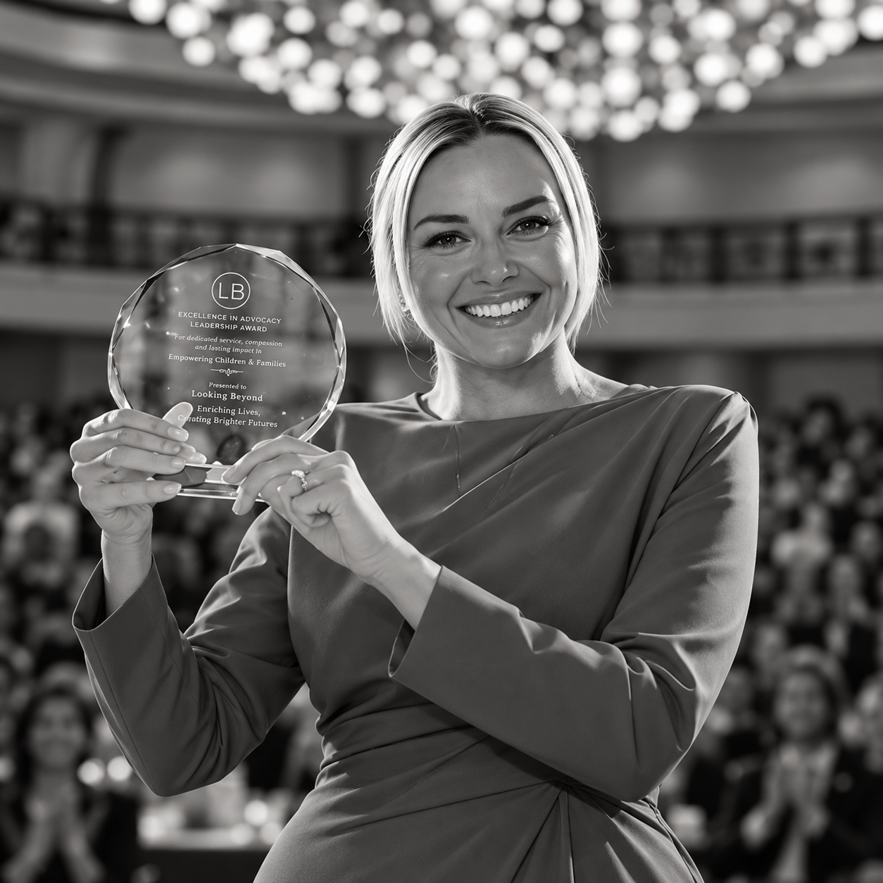 Woman holding Looking Beyond leadership award at event.png