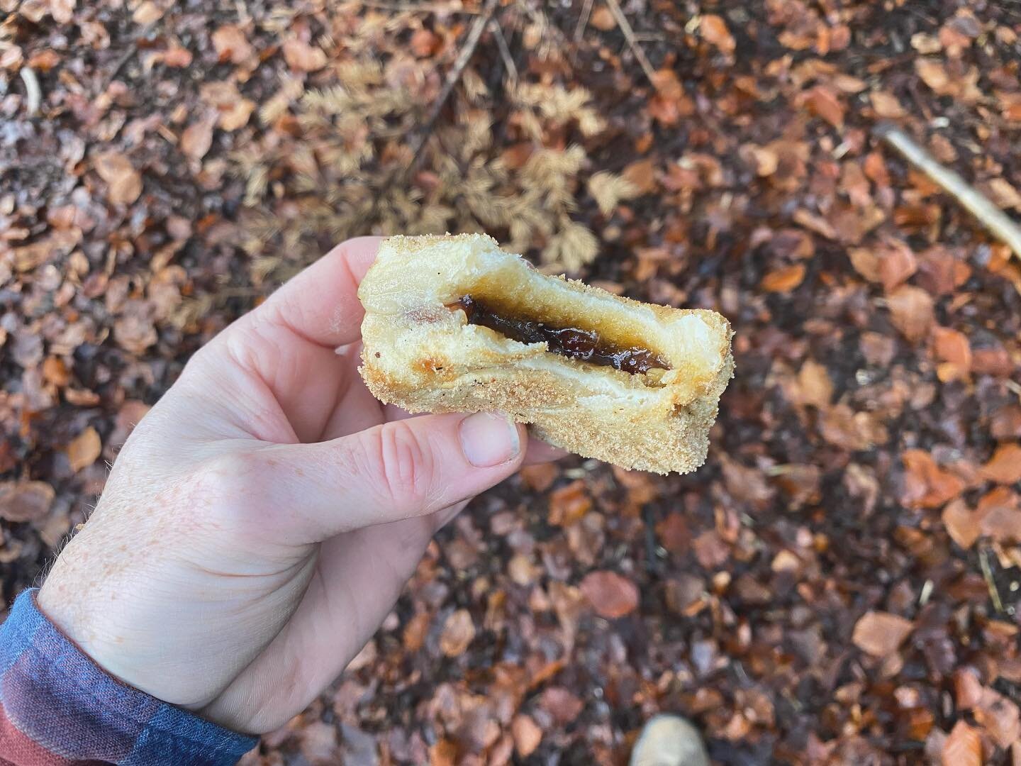 New for this festive season, &lsquo;mince pie&rsquo; campfire doughnuts 😋
-
Make a sandwich with mincemeat as the filling, then cut into quarters, dip them in a flour &amp; water batter, then shallow fry in a skillet, over the campfire. When ready, 