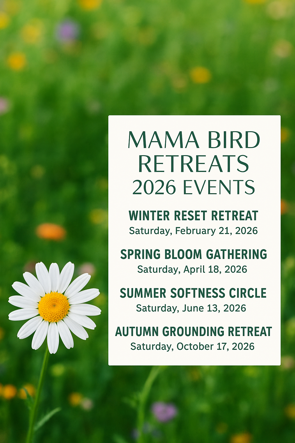 Four seasonal gatherings for mothers to rest, move, create, and reconnect. Mama Bird Retreats are intimate, heart-centered experiences blending gentle yoga, creativity, and community—designed to nourish you through every season of motherhood.