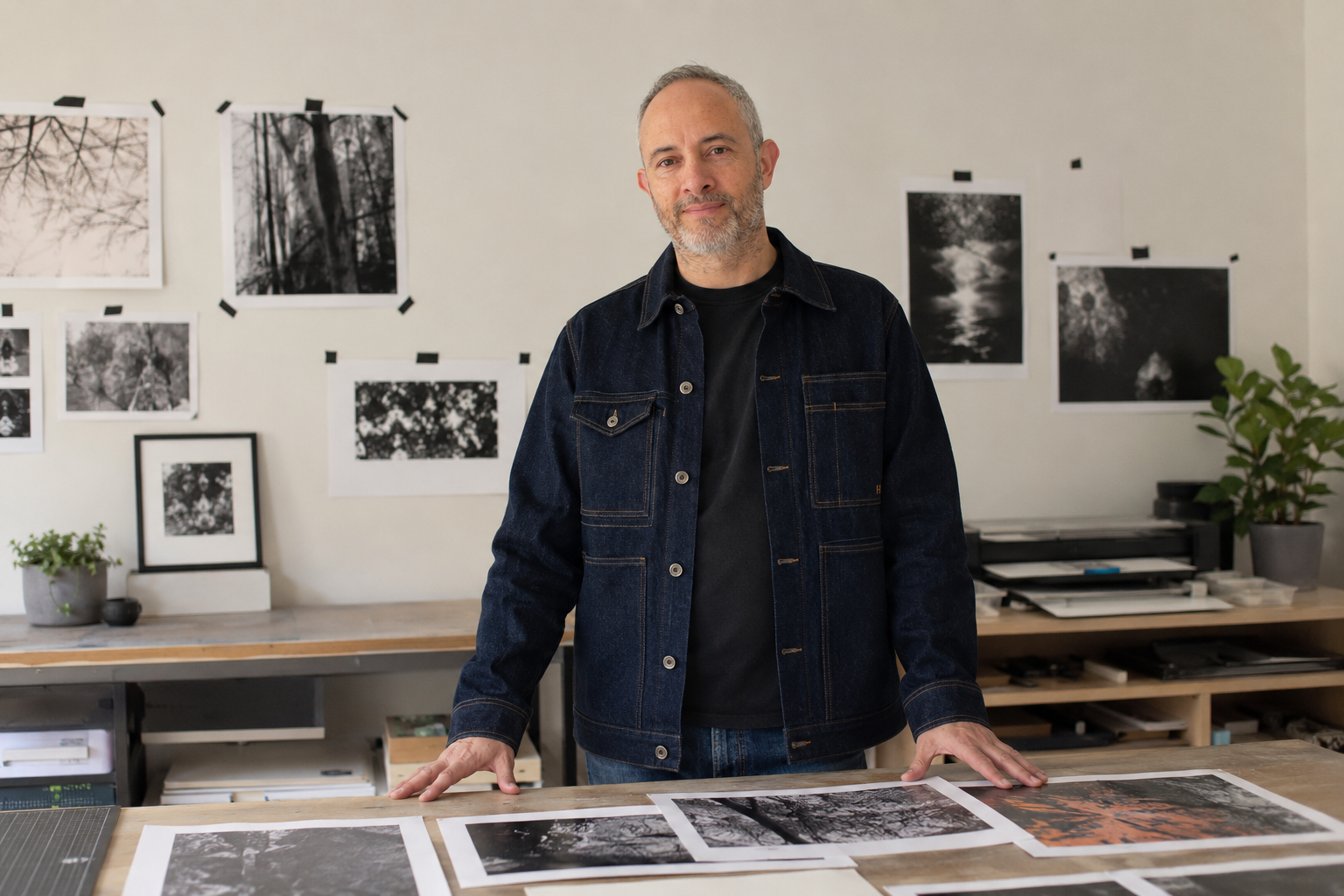 A man in a denim jacket standing in an art studio with black-and-white landscape photographs on the wall and on the table in front of him.