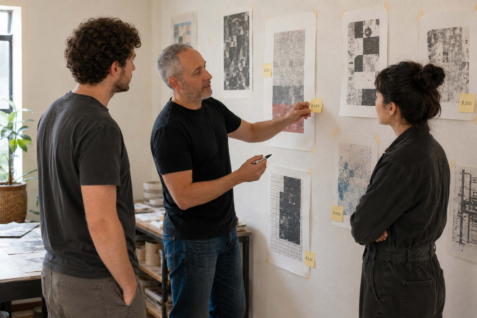 Three people discussing abstract artwork and price tags on a gallery wall.