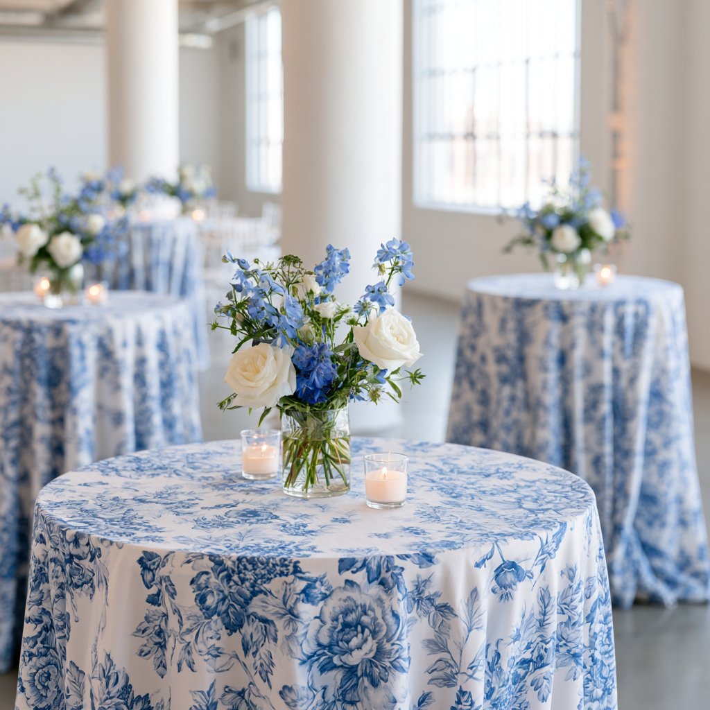 Blue and white floral centerpiece for a wedding welcome party in St. Louis.