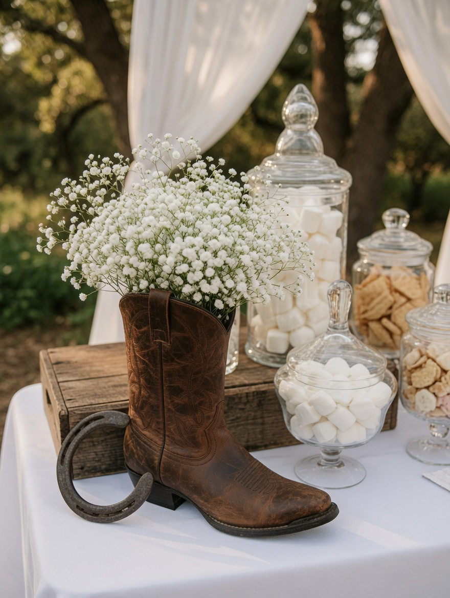 DIY baby's breath in a cowboy boot on a wedding welcome party dessert table in St. Louis.