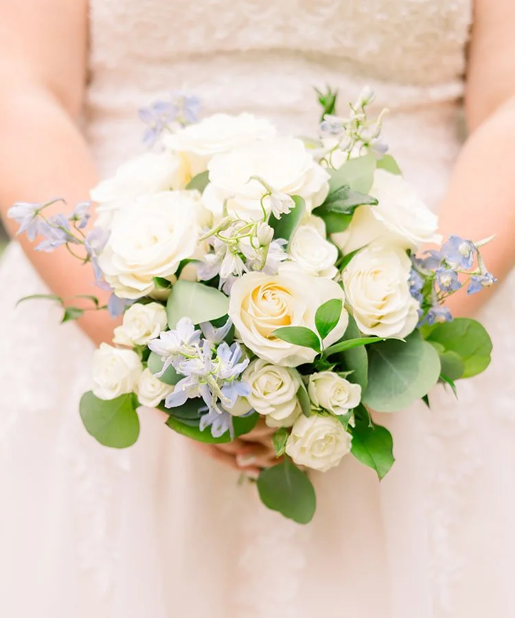 Blue and White garden-style bridal bouquet made by The Flower Lab in St. Louis.