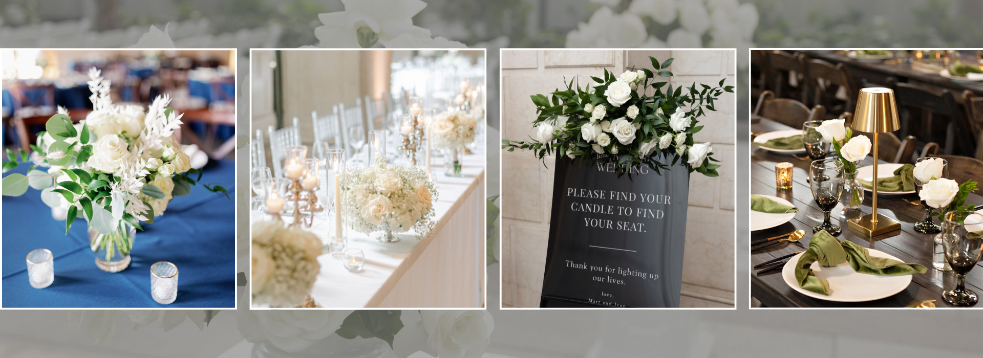 Four reception ideas featuring white flower centerpieces and candles, a wedding welcome sign with a floral arrangement at the top, and a table setting with white roses, green napkins, and gold accents.